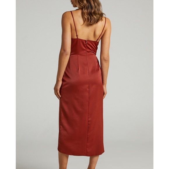 Showpo SISTERS BY HEART ASYMMETRIC COWL NECK MIDI DRESS IN COPPER SATIN - Picture 6 of 6